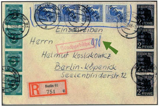 Lettre de Berlin-Ouest affranchie partuiellement en timbres  avec surcharge BERLIN et taxée