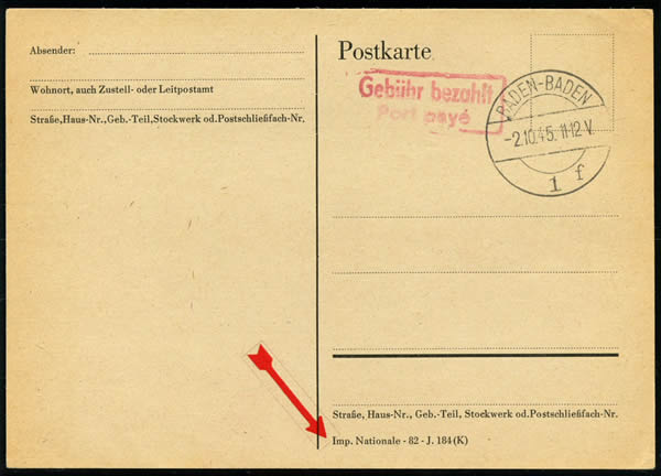 Entier carte postale avec simple mention Gebühr bezahlt au tampon