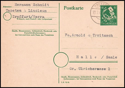 Entier carte postale de Thüringe 1946