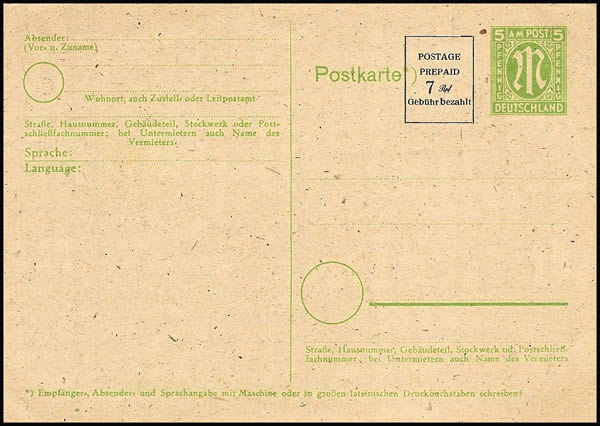 Entier carte postale 5Pf vert avec surcharge typo 7 Pf