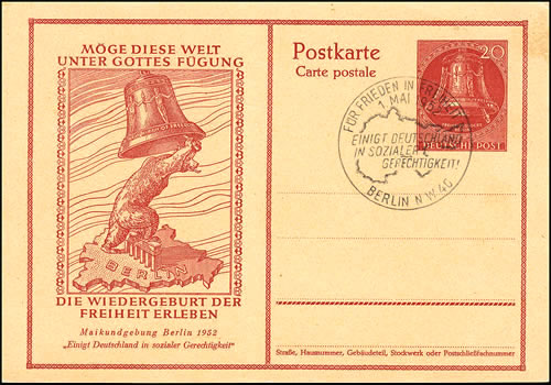Entier carte postale spéciale 1er mai 1952 rouge et cloche de la Liberté