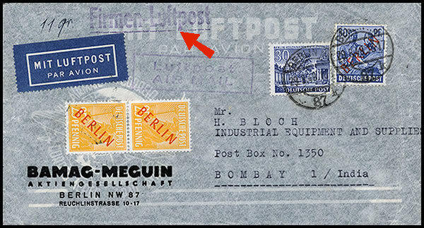 Lettre par avion pour l'Inde avec timbres surcharge rouge