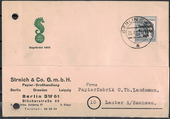 Lettre de Berlin Ouest vers la zone soviétique affranchie en timbres soviétiques
