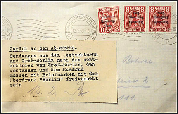 Lettre affranchie en timbres SBZ  refoulée pour le pont aérien
