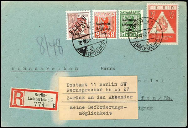 papillon de retour d'un envoi affranchi en timbres SBZ par le pont aérien