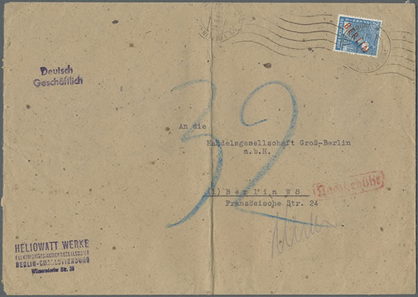Lettre taxée à Berlin-Est  juin 1949