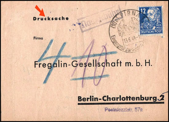Imprimé de Berlin-Est pour Berlin-Ouest taxé à l'arrivée 13/6/49