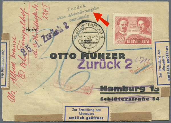 Lettre affranchie en timbre SBZ et taxée après 15.1.49