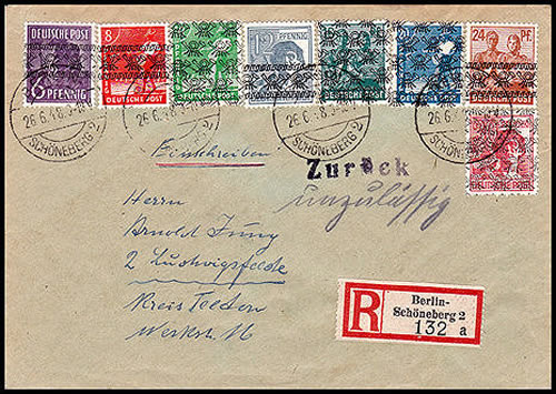Lettre du 25/6 affranchie en timbres de la bizone au départ de Berlin-Ouest pour le Brandebourg refoulé 