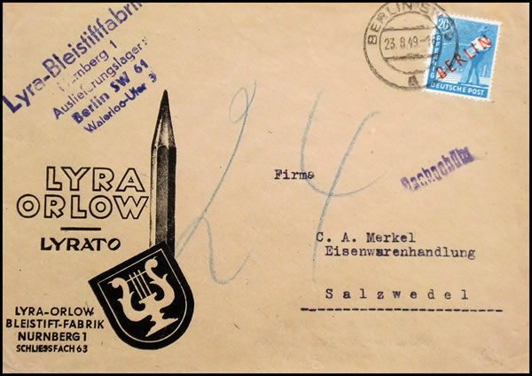 Lettre de Berlin-Ouest vers la SBZ taxée à l'arrivée aout 1949