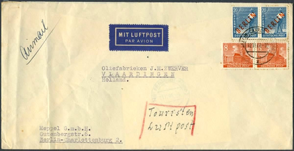 Régime spécial pour touriste 1948/49 pour le courrier par avion