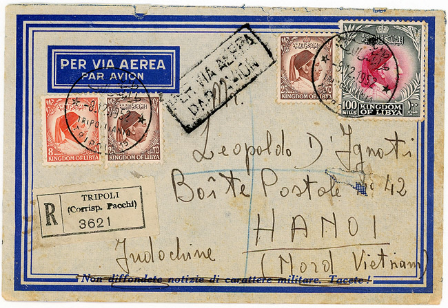 Lettre de Tripoli  (Libye) pour Hanoi 1952, affranchie en timbres libyens