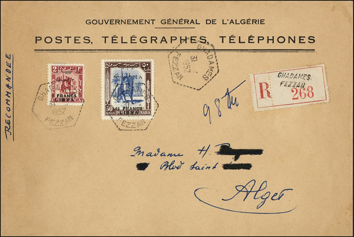Lettre PTT recommandée en franchise partielle avec timbres surchargés du Fezzan