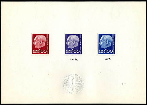 Essais de couleur des timbres à l'effigie du Président Heuss