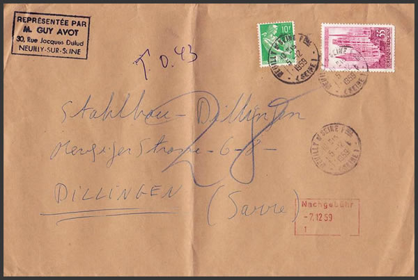 lettre au tarif intérieur taxée de France pour la  sarre en décembre 1949
