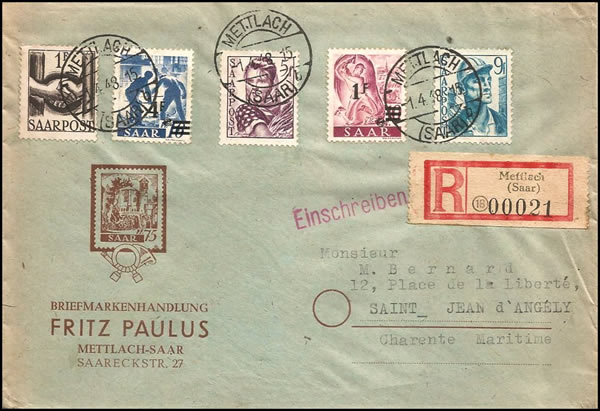 Sarre : affranchissement mixte timbres en francs et timbres surchargés avril 1948