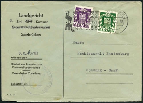 Lettre recommandée avec timbres de service de Sarre
