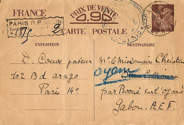 Carte postale interzones par avion pour le Gabon avec surtaxe aérienne de 2F
