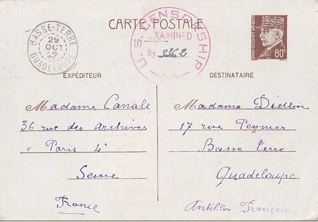 Entier pétain 80c Paris vers Guadeloupe  via USA