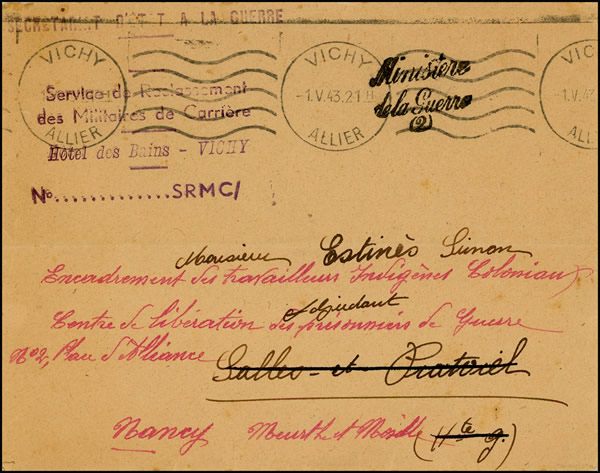 Lettre destinée à un officier d'encadrement des travailleurs coloniaux