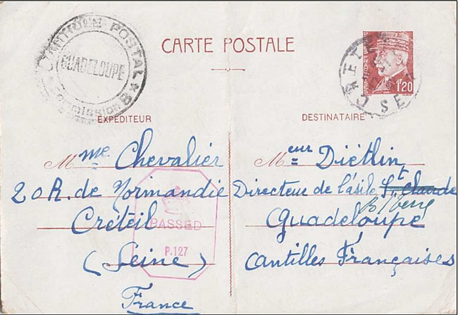 Entier Pétain 1F20 de Crétaeil pour la Guadeloupe via les Bermudes 1942
