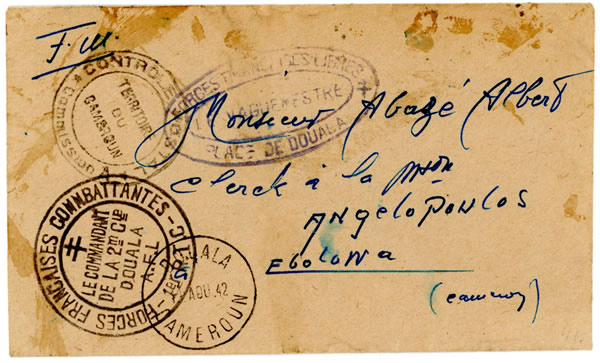 Lettre du Cameroun avec des cachets France Libre et France Combattante