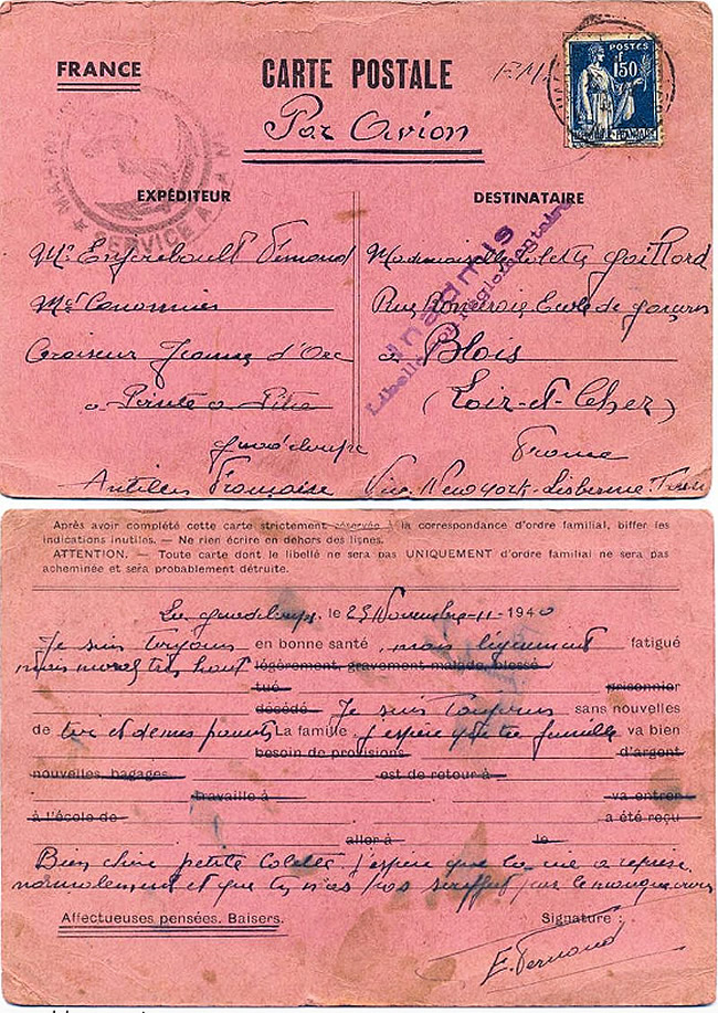 Carte postale  interzones s utilisée par un marin de la Jeanne d'Arc  en Guadeloupe