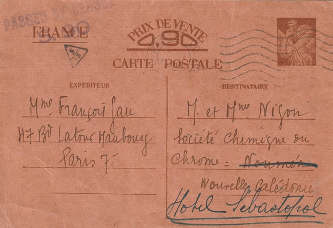 Cartes interzones de France vers Nouméa départ septembre 1940