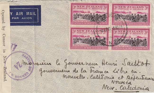 Lettre de Nouvelle-Zelande adressée au Gouverneur Sautot de Nouvelle-Calédonie 1942