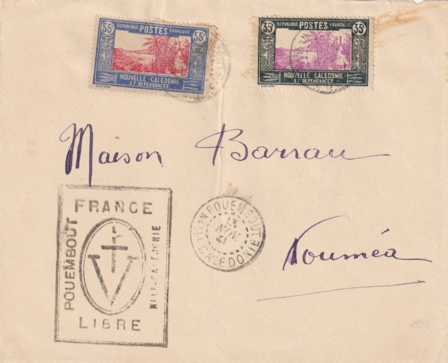 Lettre locale de Nouvelle-Calédonie avec griffe de la France Libre.