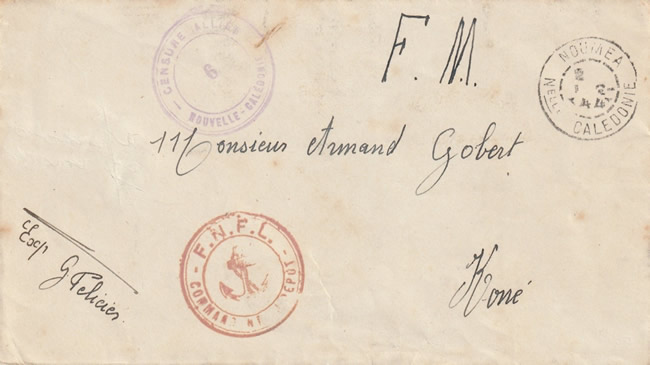 Lettre locale de Nouvelle-Caledonie  envoyée par un marin des forces navales de la France Libre