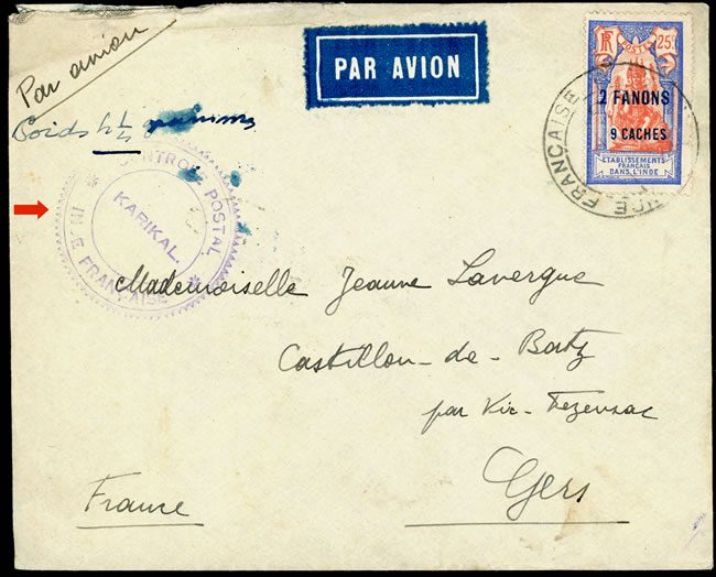 Lettre de Karikal censurée pour la France mai 1940
