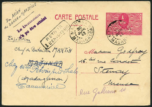 Entier postal de madagascar pour la métropole refoulé juin 42