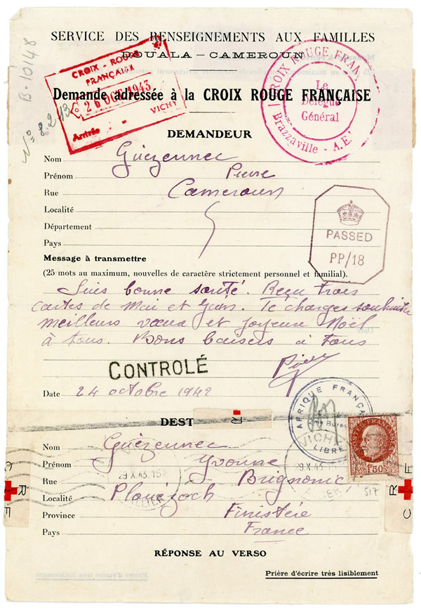 Message Croix-Rouge du Cameroun pour  le Finistère octobre  1942  class=