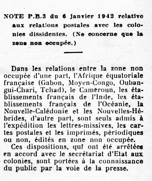 Relations avec les colonies dissidentes Janvier 1942
