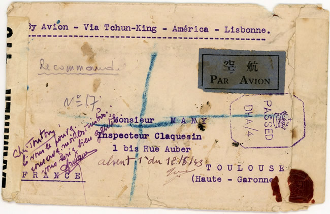 Lettre de Hokow(Hekou) pour Toulouse par la voie de l'Ouest 1942