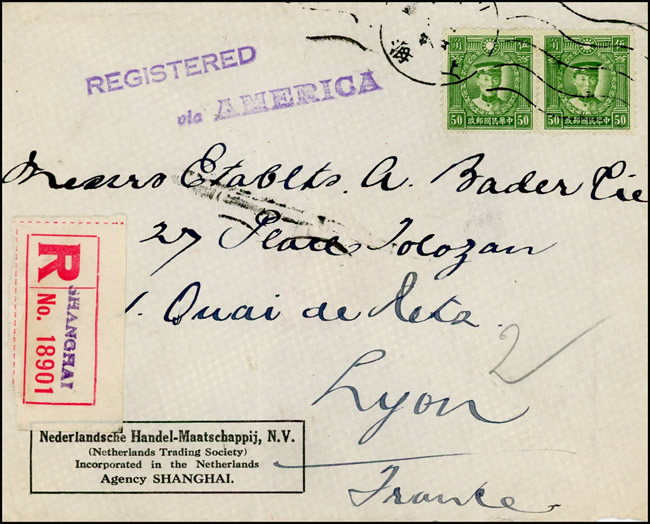 Lettre recommandée de Shaghai pour Lyon passée par la voie de l'Amérique