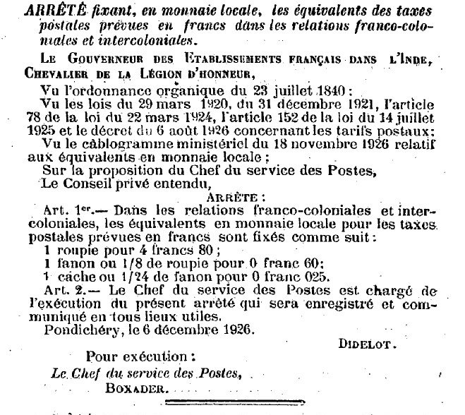 Taux de conversion roupie franc 6/12/1926