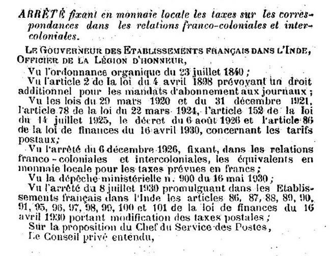 Tarif inde francocolonial 9 juillet 1930