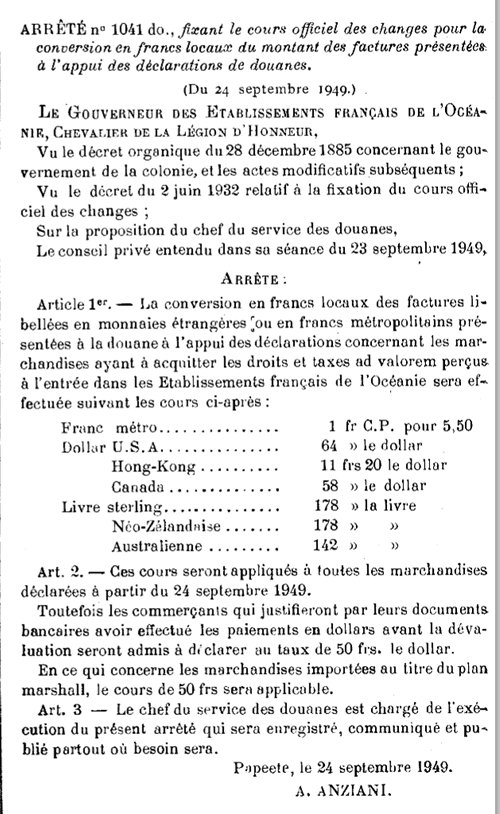 Taux de change du Franc CFP en décembre 1949