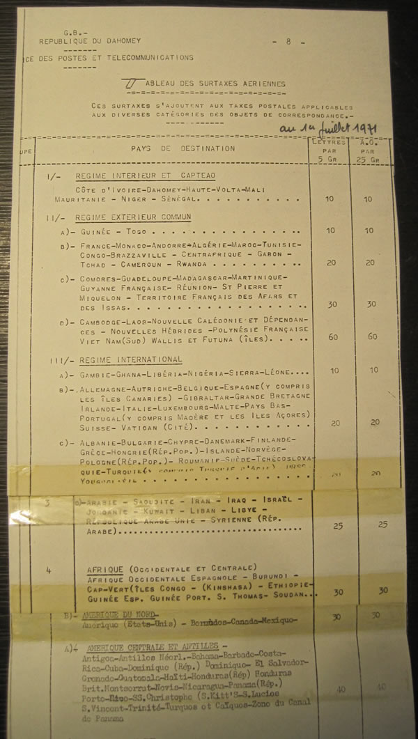 Surtaxes postales aériennes au départ du Dahomey juillet 1971