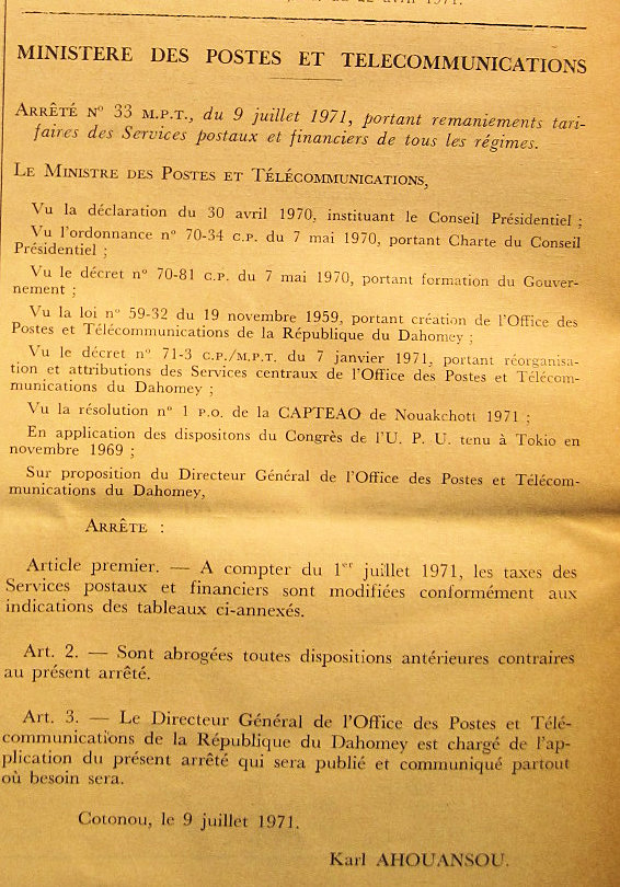 Tarifs postaux du Dahomey juillet 1971