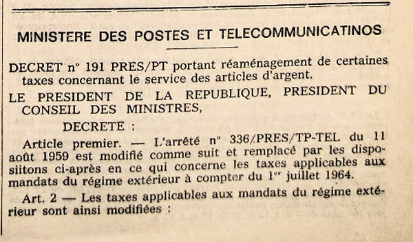 Tarif postal des mandats au départ de la Haute-Volta 1er juillet 1964