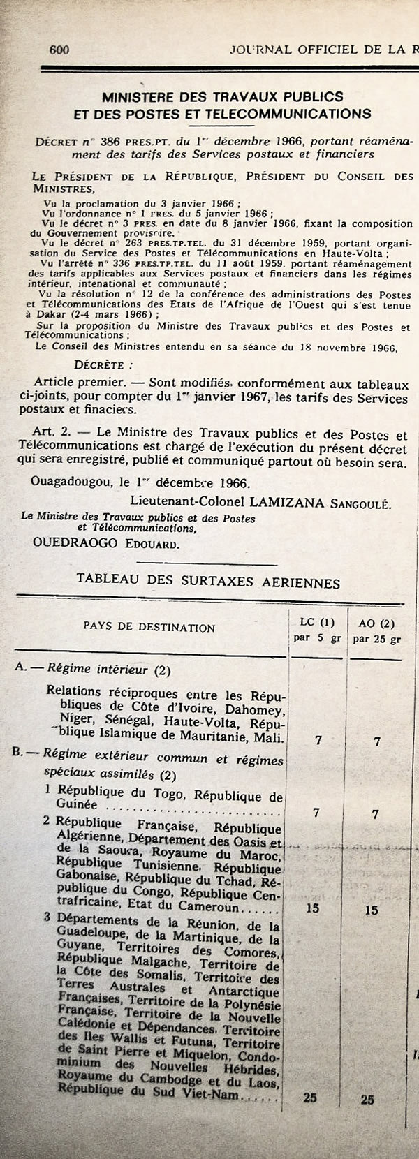 Tarifs postaux au départ de la Haute Volta dans les régimes intérieur, étendu et international ainsi que les surtaxes postales aériennes 1er janvier 1967
