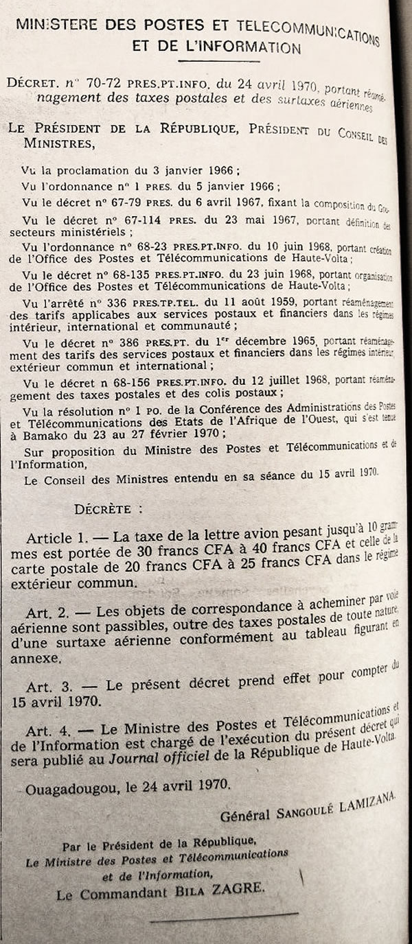Surtaxes postalesaériennes au départ de la Haute Volta 1970