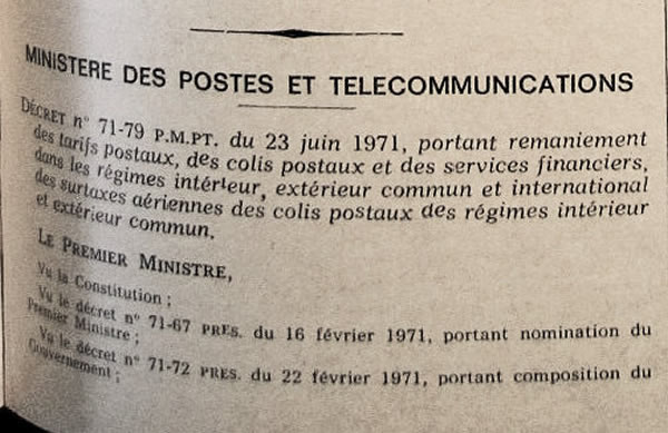 Tarif de certains colis postaux au départ de la Haute Volta 1er juillet 1971