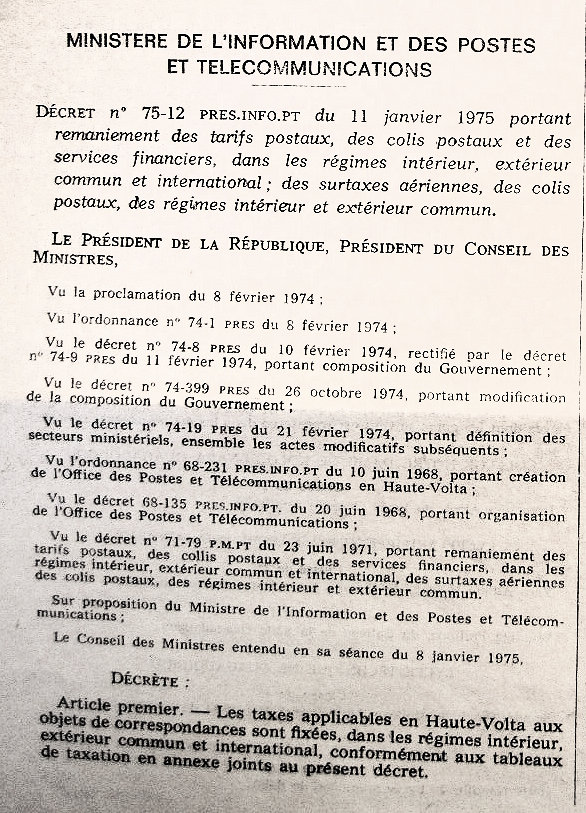 Tarifs de certains colis postaux au départ de la Haute-Volta 1er janvier 1975