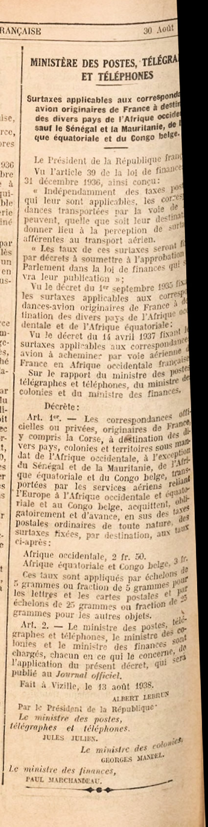 Surtaxes aériennes au départ de la métropole pour l'AEF et l'AOF 13/8/1938