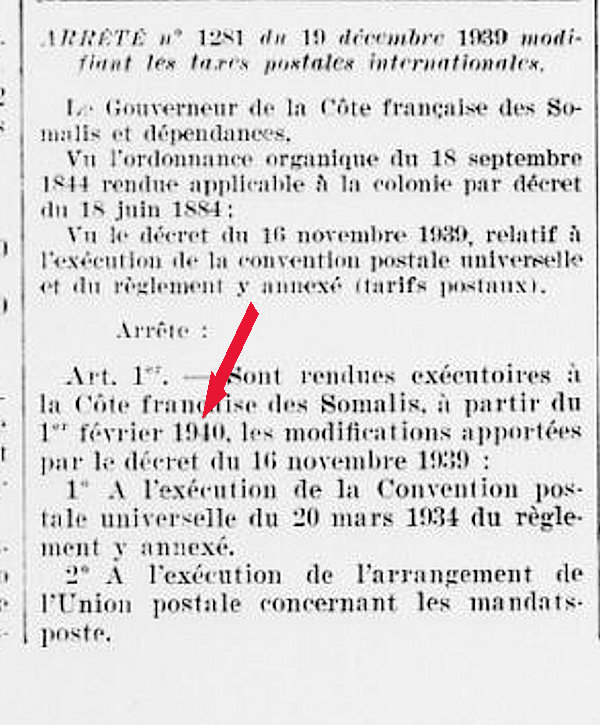 Tarif international Côte Française des Somalis janvier 1940