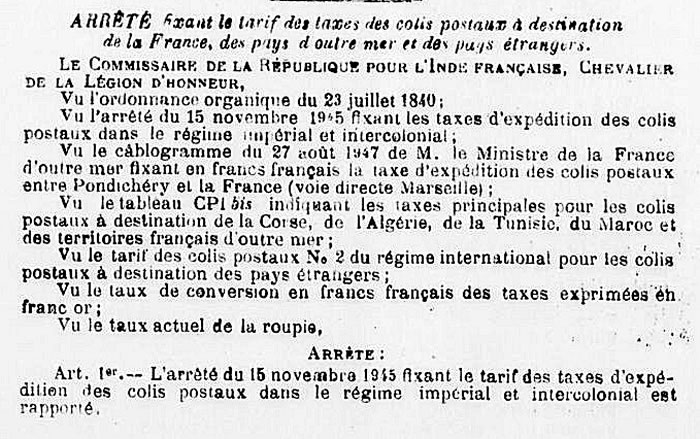 tarif colis postaux au départ de l'Inde française  15 septembre 1947